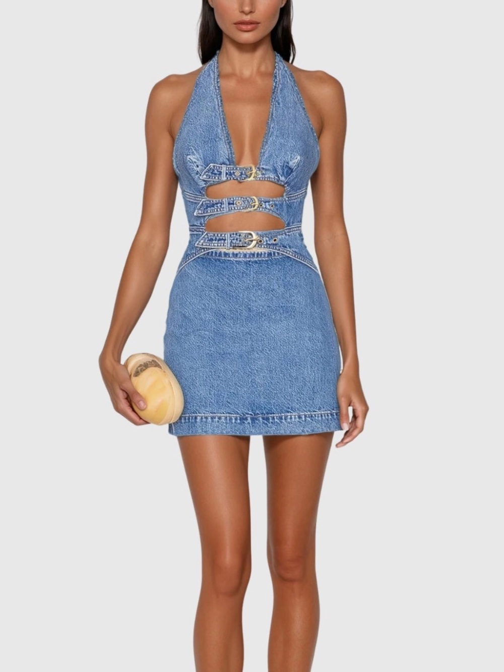 Innovare Denim Wace Halter Neck Cutout Buckle Denim Mini Dress